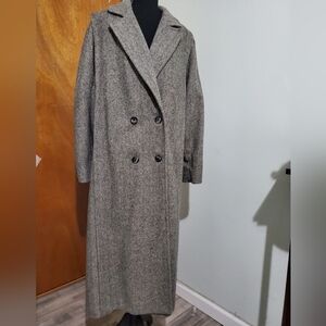 Vintage Stephanie Mathews Wool Herringbone Long Coat Double Breasted USA Made Cl